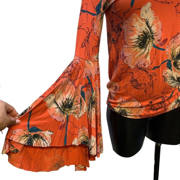 *NWT Free People Orange Bell Sleeve Floral Print Blouse Small - Picture 3 of 6